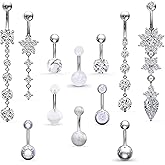 SCERRING 14G Belly Button Rings Stainless Steel Dangle Belly Navel Barbell Body Piercing Jewelry Clear CZ Stone Opal 12PCS