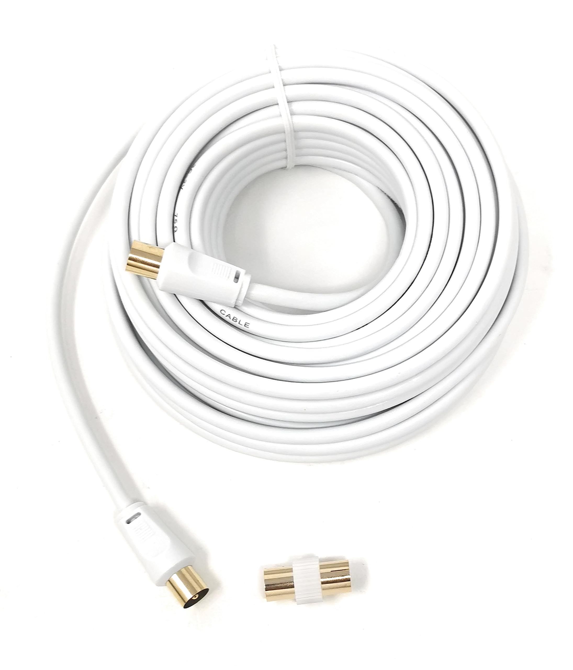 TV Aerial Coaxial Cable Male to Male RF Antenna Coax Lead Compatible with Sky SkyHD, Virgin, BT, Satellite TV, VCR, DVD Players. Comes with Female Coupler, Gold Plated Connectors (10m, White)