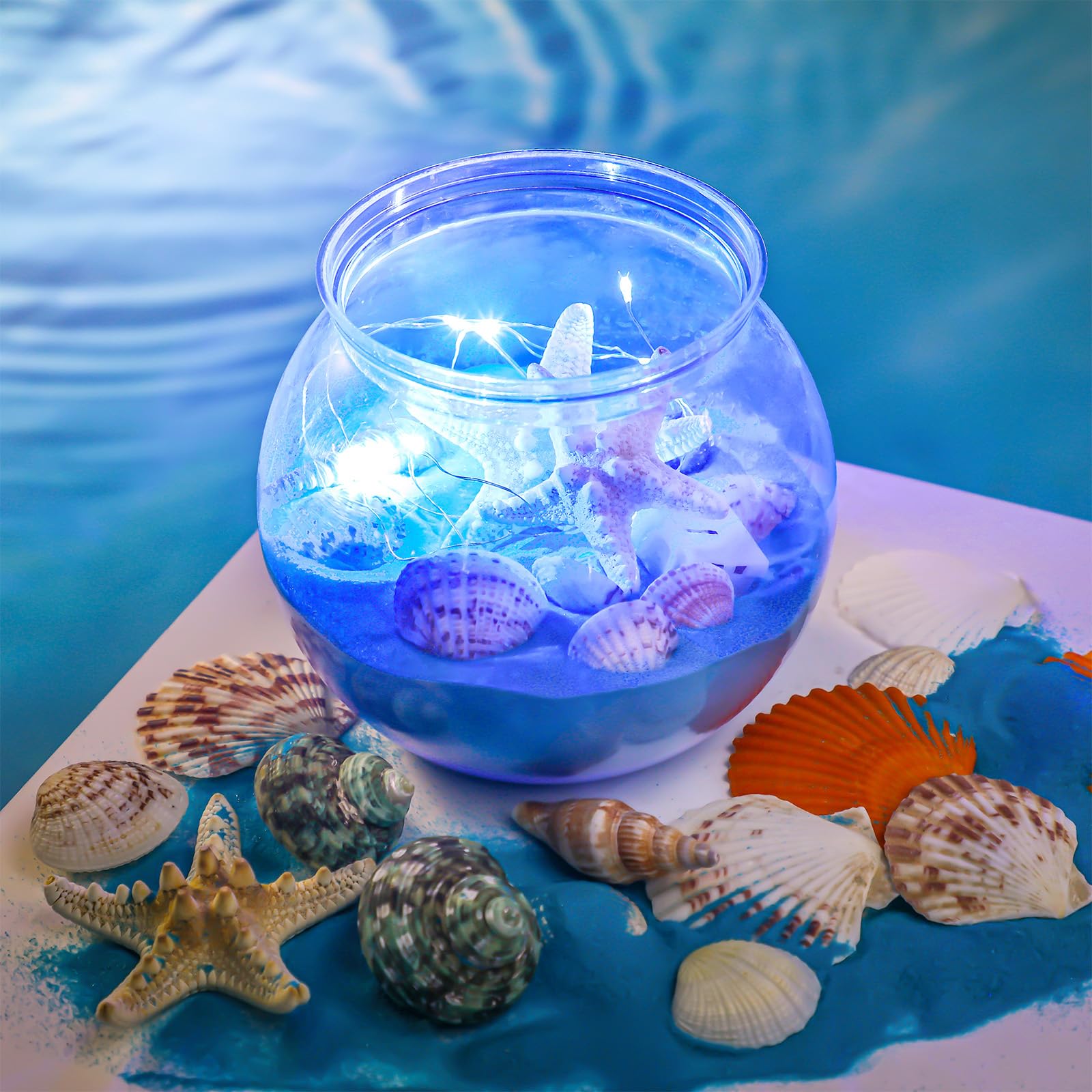 Photo 1 of RoundFunny 12 Set 30 oz Beach Themed Party Table Centerpieces 4" Heavy Duty Round Plastic Fish Bowls Mixed Beach Natural Seashell Starfish with Blue Lights for Wedding Baby Shower Ocean Party Supplies