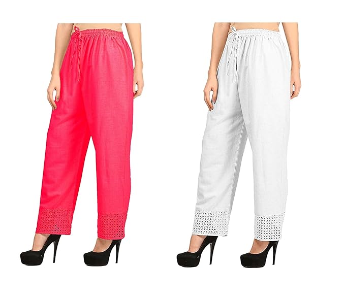 Women's Cotton Palazzo Designer Plain Casual Wear Palazzo for Women/Girl Combo Cotton Palazzo Color-Pink_ White