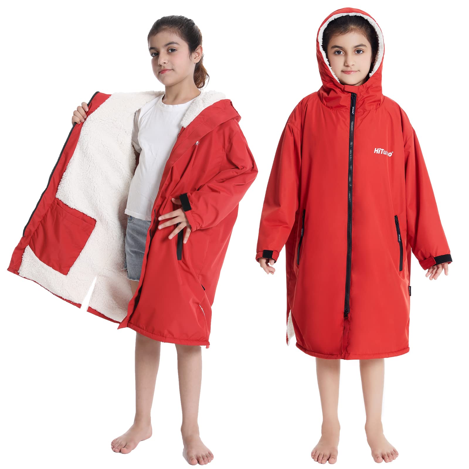Photo 1 of Hiturbo Warm Kids Swim Parka: Waterproof Changing Robe - Thick Fleece Lining - Oversize Swimming Coat - Hooded Surf Poncho (7-14Y, Red)