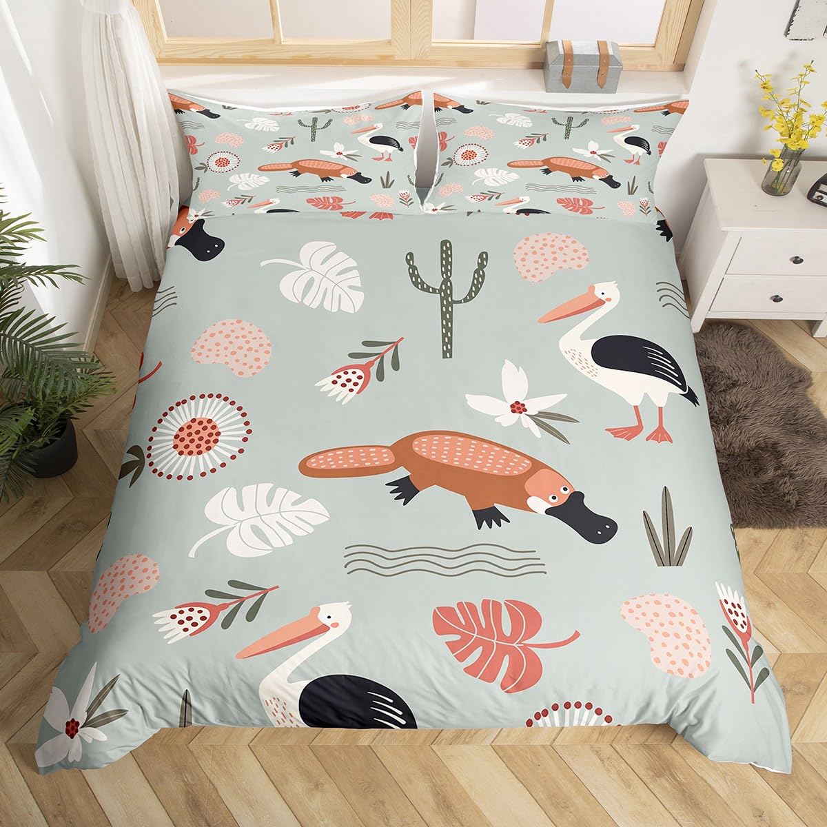 Kids Cartoon Bedding Set Single Size Funny Platypus Pelican Duvet Cover Cute Australian Animals Comforter Cover for Teens Adults,Rustic Botanical Plants Flowers Quilt Cover 2Pcs,Platypus Decorations