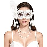 Zinniday Venetian Masquerade Mask for Women - Feather Masks with Pearl Tassels, Party Eyemask for Halloween Renaissance