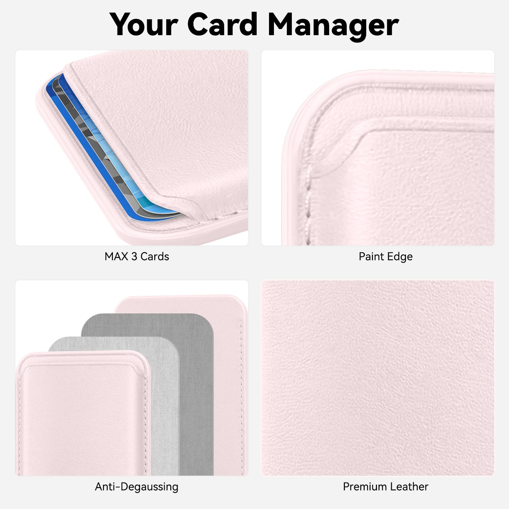 Magnetic Mag-safe Wallet Cell Phone Card Holder for Phone Case with Mag-Safe, Stronger Magnetic RFID Leather Phone Wallet Stick on Series of iPhone 15/14/13/12 and Pro/Promax, Light Pink