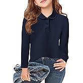 Haloumoning Girls Long Sleeve Polo Shirts Kids Peter Pan Collar School Uniform Shirts Cute Tops 5-14Y