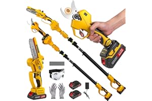 Luzrise 4-in-1 Cordless Electric Pruner Kit, 2.5" Cutting Size Battery Pruning Shears, 15ft Pole Chainsaw with 2x 21V 4000mAh Batteries, LCD Display, SK5 Blades for Garden/Courtyard/Yard Work (YELLOW)