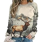 ZOCAVIA Womens Moose Forest Sweatshirts Fall Fashion Long Sleeve Crewneck Pullover Tops Vintage Deer Graphic Shirts Oversized