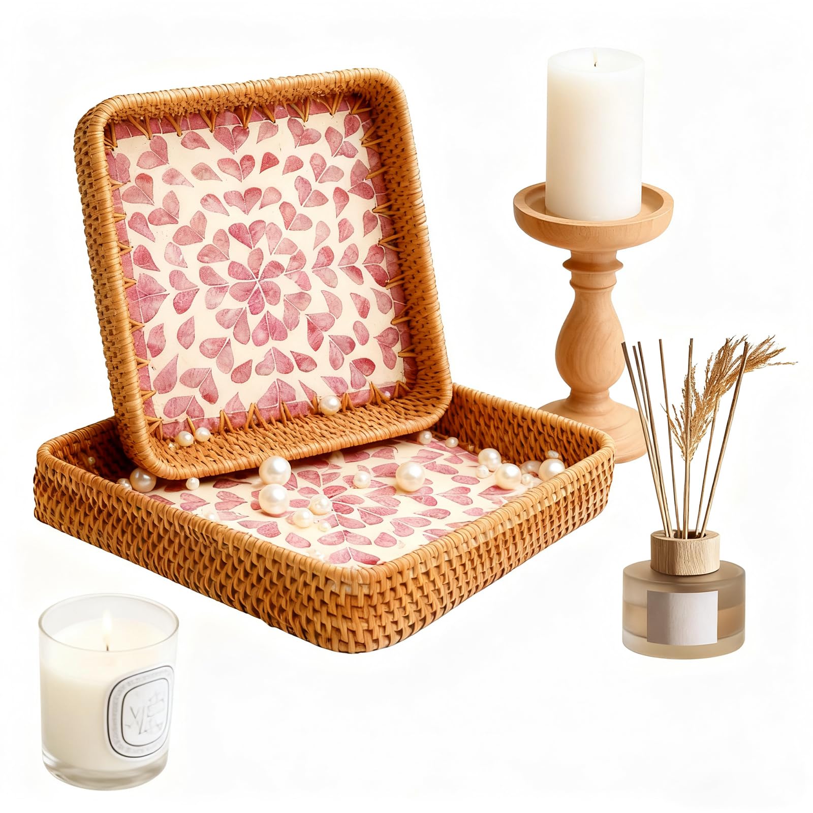 Photo 1 of 1 pcs Rectangle Rattan Serving Tray with Mother of Pearl Inlay, Decorative Wicker Tray for Coffee, Bread, Fruits, Elegant Table Decor for Living Room & Dining Room