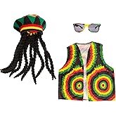 Tigerdoe Rasta Hat with Black Dreadlock Wig - 3 Pc Set - Reggae Hat, Vest & Sunglasses - Jamaican Costume Accessories