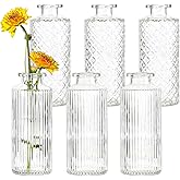 Tonxus Clear Glass Bud Vase Set, 6pcs Mini Flower Vases for Wedding,Vintage Flower Vases for Table Centerpiece, Party, Home Decor, Housewarming Gift, Diamond + Ribbed