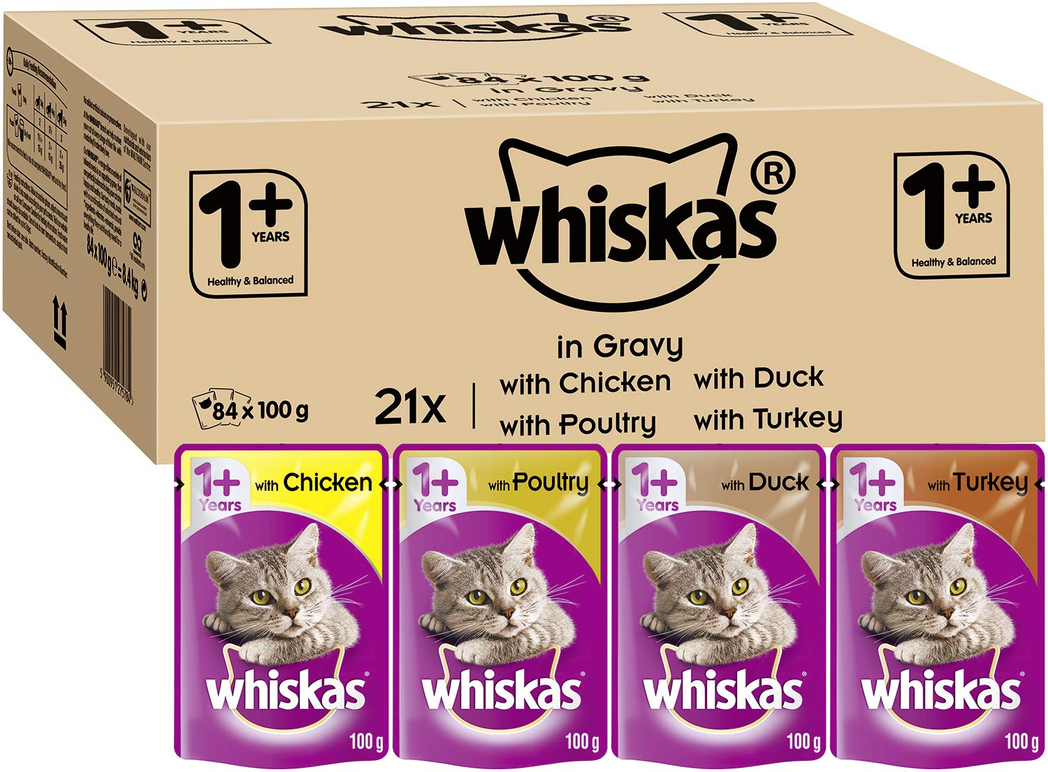 Whiskas wet pouches, delicious and tasty mixed selection in gravy, suitable for adult cats aged 1+, megapack (84 x 100 g)