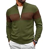Runcati Mens Full Zip Cardigan Sweater Casual Knit Stand Collar Cardigan Slim Fit Color Block Fall Winter Sweaters