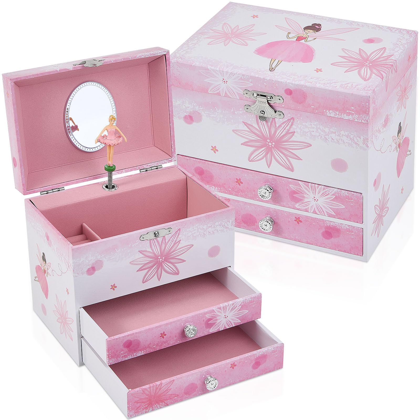 TAOPU Ballerina Musical Jewellery Box with 2 Drawers for Girls,Fairy Design Kids Music Box with Spinning Ballerina,Kids Jewel Storage Box for Girls Ages 3-12 Kids Gift