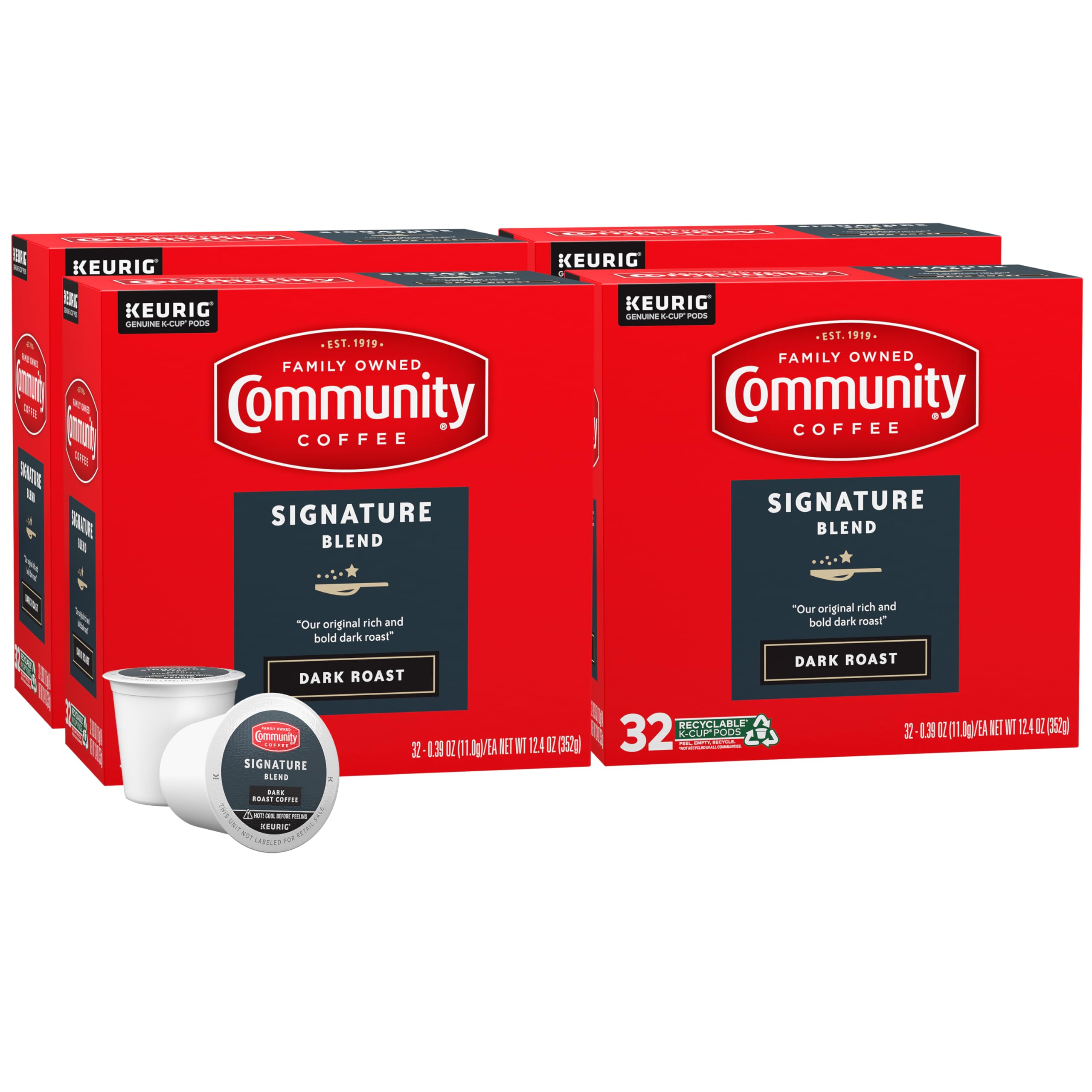 Community Coffee Signature Blend, Dark Roast, Single-Serve Keurig K-Cup Pods, 32 Count (Pack of 4) Image