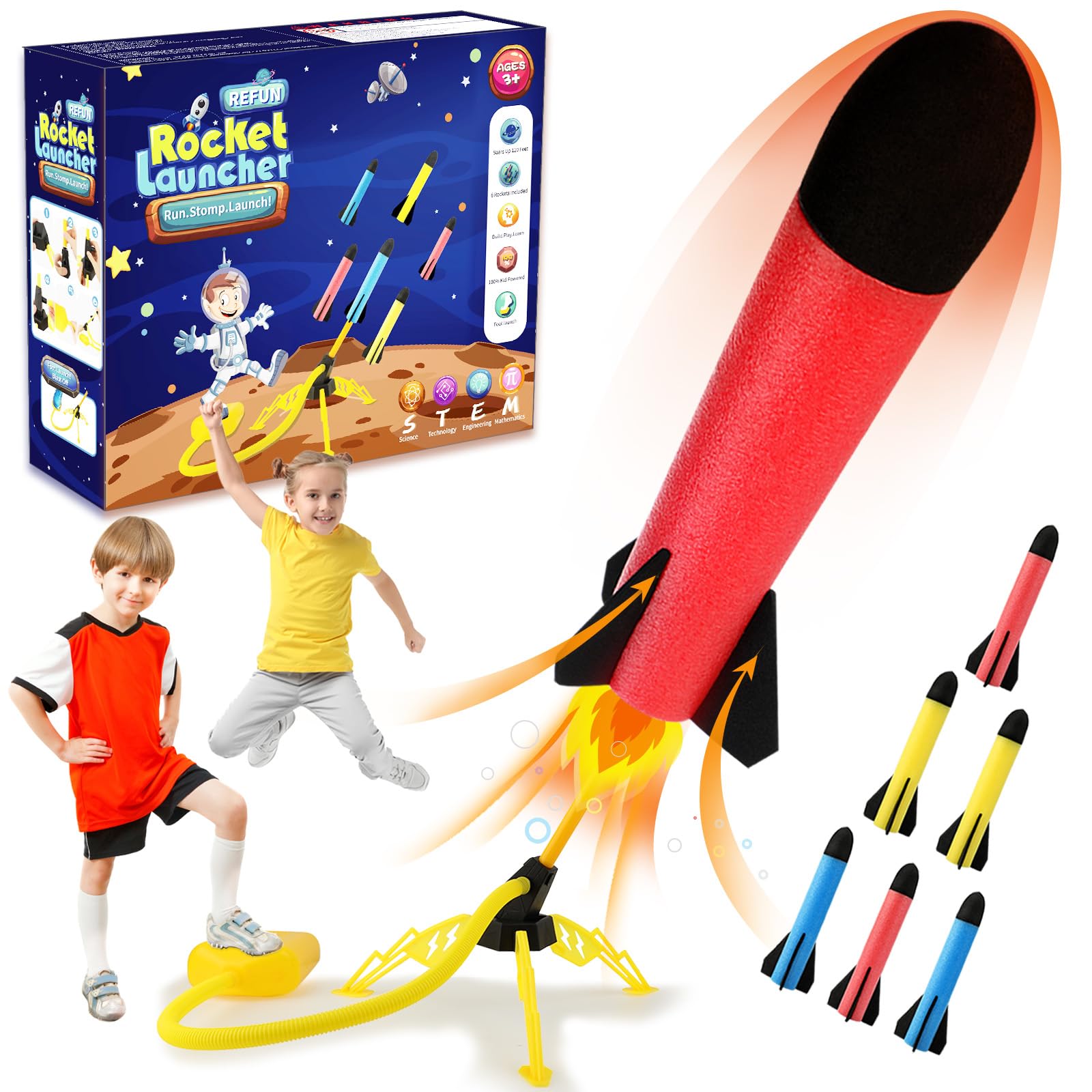 REFUN Rocket Launcher for Kids with 6 Foam Rockets - STEM Gift for Boys & Girls Ages 3+ - Christmas Xmas Easter Egg Gifts - Fun Outdoor/Indoor Toy
