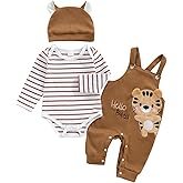 Nibbcoa Baby Boy Clothes Set Infant Striped Long Sleeve Bodysuit Top Animal Suspender Pants Hat Newborn 3Pcs Fall Outfit