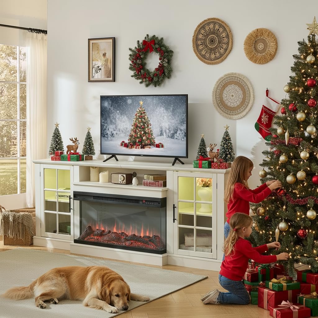 Photo 1 of ROCKPOINT 3 Sided Glass 80" Fireplace TV Stand for TVs up to 90inch, Media Entertainment Center with Glass Door Storage Cabinet,36" Electric Fireplace with LED Light and Flame Colors, White