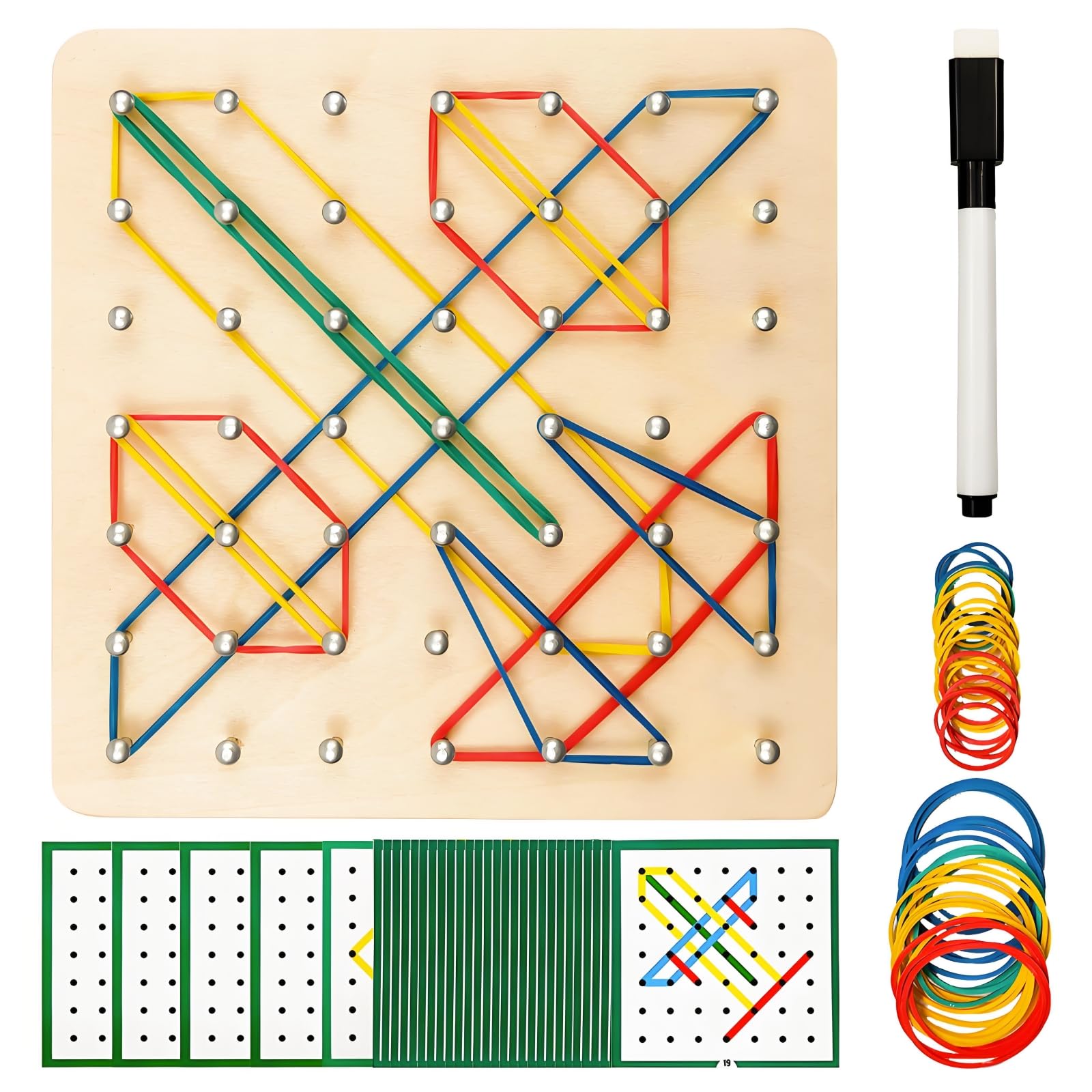 Wooden Montessori Toys, Wooden Geoboard with Activity Pattern Cards and Rubber Band – Pegboard Pins with Montessori Rubber Band Puzzle Shapes Imagination and Creativity of the Child