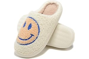 KOLEGE Retro Fuzzy Face Slippers for Women Men, Retro Soft Fluffy Warm Home Non-Slip Couple Style Casual Smile Face Slippers Indoor Outdoor Anti-Skid Warm Cozy Foam Slide Fuzzy Slides with Soft Memory Foam Shoes