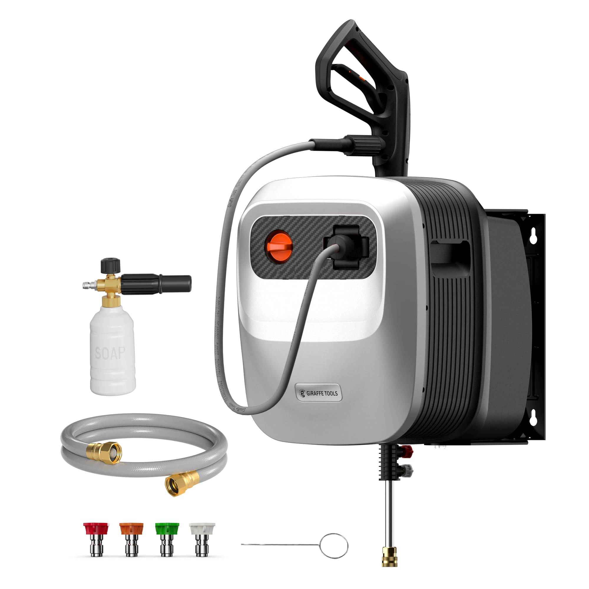Photo 1 of Giraffe Tools Grandfalls Retractable Pressure Washer G20, 2500 PSI 2.2 GPM, 180° Wall Mounted Power Washer, Auto-Retract with 65FT Hose Reel, 5 Nozzles for Floor/Cars/Fences/Patios, Light Silver