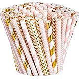 [200 Pack] Pink & Gold Paper Drinking Straws 100% Biodegradable Multi-Pattern Party Straws