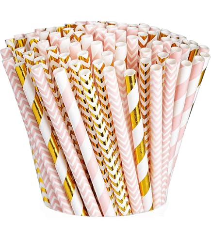Pailles En Papier Rayées Dorées - Lot De 100 - Biodégradables - Pour Boissons Chaudes Et Froides