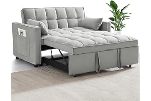 Rovibek 3 in 1 Convertible Sleeper Sofa Bed Pull Out Couch Futon Loveseat Velvet Chaise Lounge with 2 Pockets and 2 Pillows for Living Room, Full Size, Grey