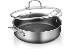 Tri-Ply Stainless Steel 7 Quarts Saute Pan, 12 Inch Nonstick Skillet with lids, Fast Even Heat cookware, Hybird Large Frying 