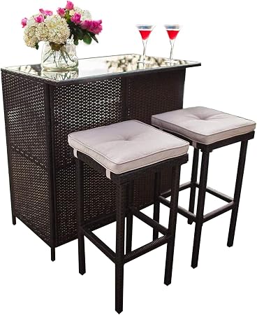 Amazon Com Suncrown Outdoor Bar Set 3 Piece Brown Wicker Patio Furniture Glass Bar And Two Stools With Cushions For Patios Backyards Porches Gardens Or Poolside Garden Outdoor
