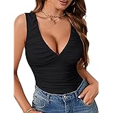 LYANER Women's Deep V Neck Ruched Sleeveless Sexy Going Out Slim Fit Cami Tank Top