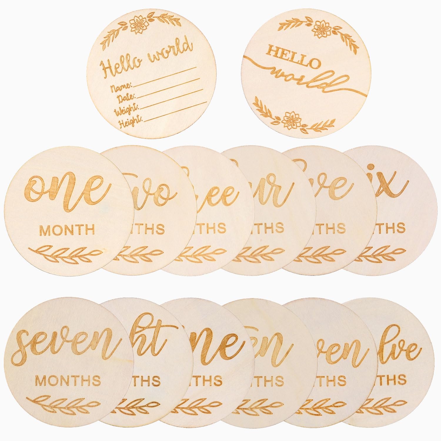14pcs Flower Baby Monthly Cards, 1-12 Months Baby Announcement Sign Hello World Newborn Sign Wooden Discs Baby Monthly Card Sign for Milestone Boy and Girl Photography Props