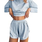 JUSTFASHIONNOW Womens Pajama Sets Striped Two Piece Lounge Sets Long Sleeve Top and Split Shorts Print Sleepwear Comfy Pjs