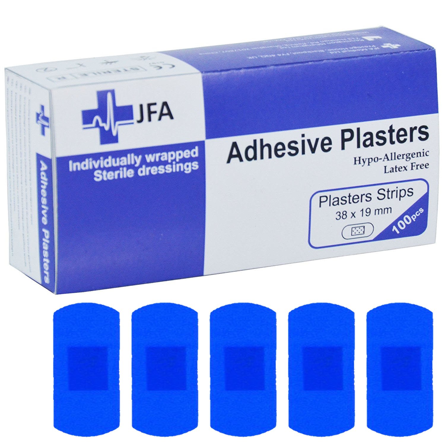 JFA Medical Blue Small Strip Plasters 19 x 38mm 100 Plasters Per Pack