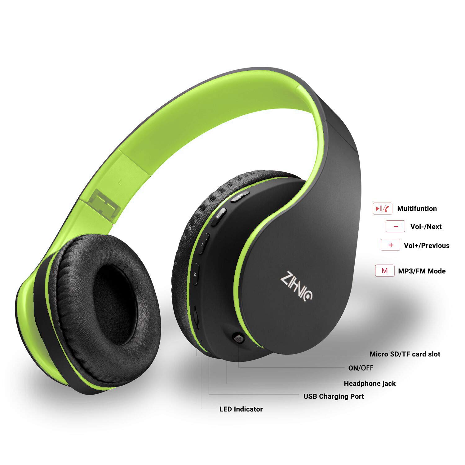 Bluetooth Headphones Over-Ear, Zihnic Foldable Wireless and Wired Stereo Headset Micro SD/TF, FM for Cell Phone,PC,Soft Earmuffs &Light Weight for Prolonged Waring(Black/Green)