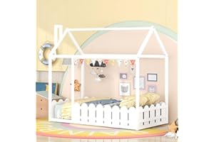MERITLINE Twin House Bed for Kids Wood Playhouse Bed Frame with Rails & Roof, Montessori Floor Bed for Girls Boys Teens (White)