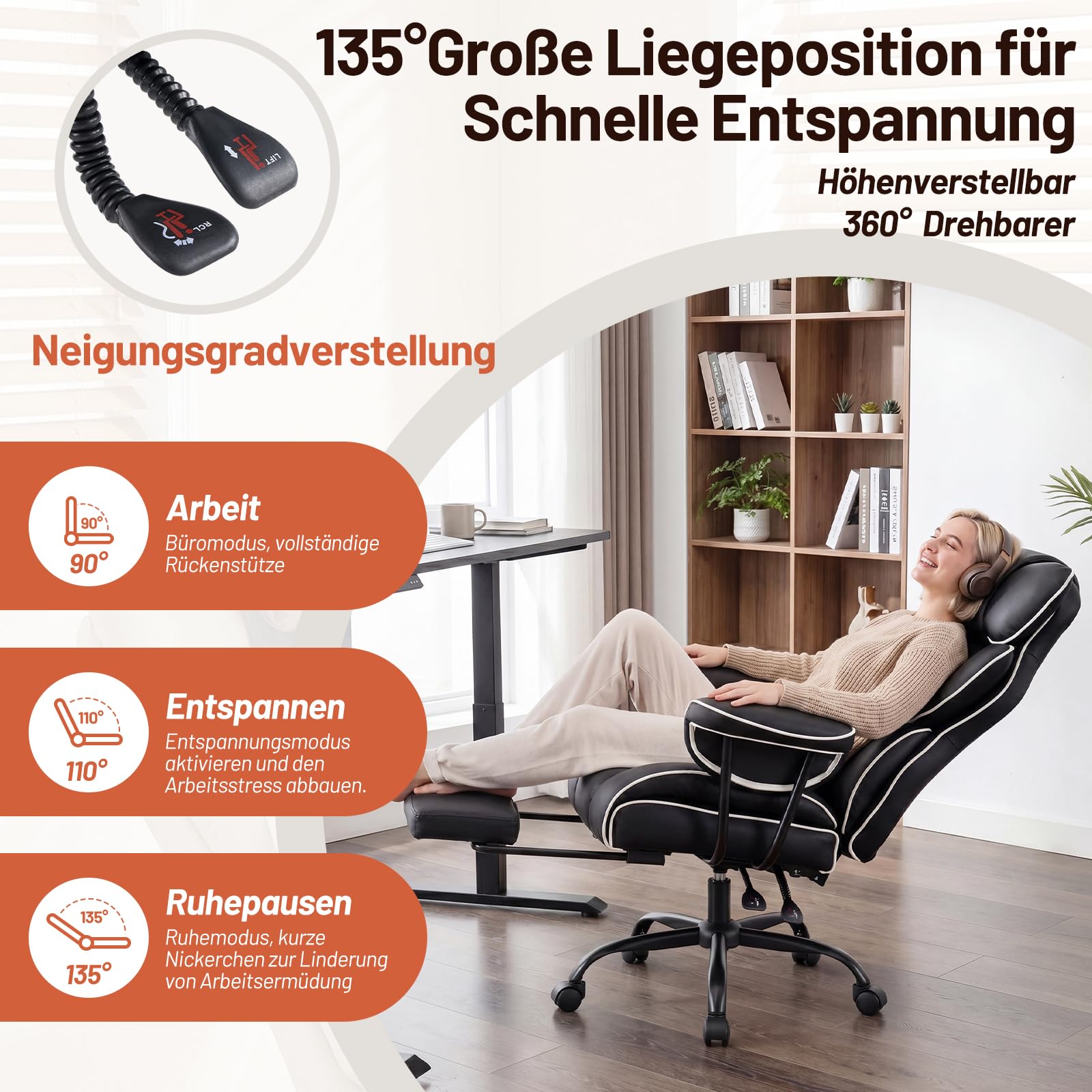 Ckaff Bürostuhl Chefsessel Ergonomisch, Gaming Stuhl aus PU Leder, Bürostuhl 200kg mit Fußstütze und Lendenwirbelstütze, Schreibtischstuhl mit Verstellbarer Rückenlehne (Schwarz) 5