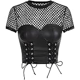 SHENHE Women's Y2k Fishnet Mesh PU Leather Top Goth Punk Lace Up Sheer Tops