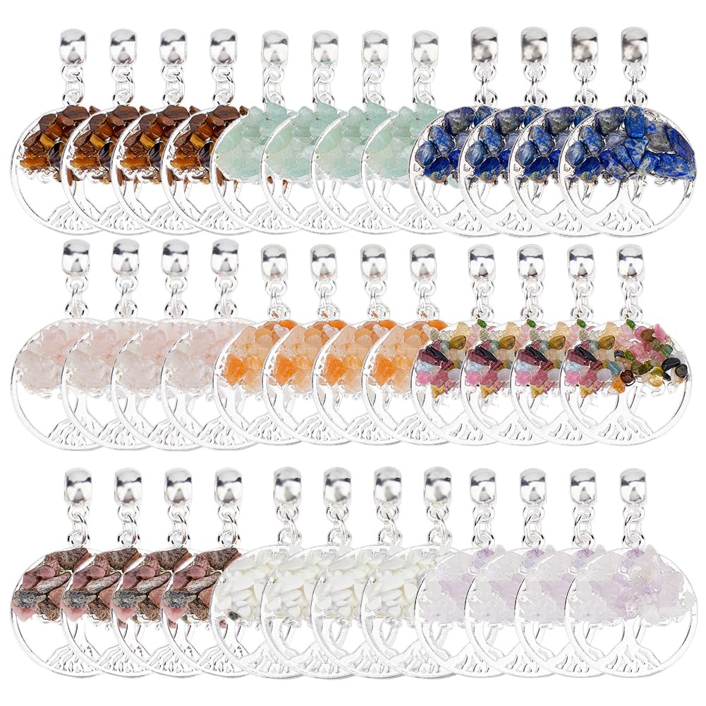 SUPERFINDINGS 36Pcs Tree of Life Pendants - 9 Colors Natural Stone Chakra Crystal Gemstone Charms for Earring, Bracelet, Necklace - Silver Plant Charm DIY Jewelry Making Supplies