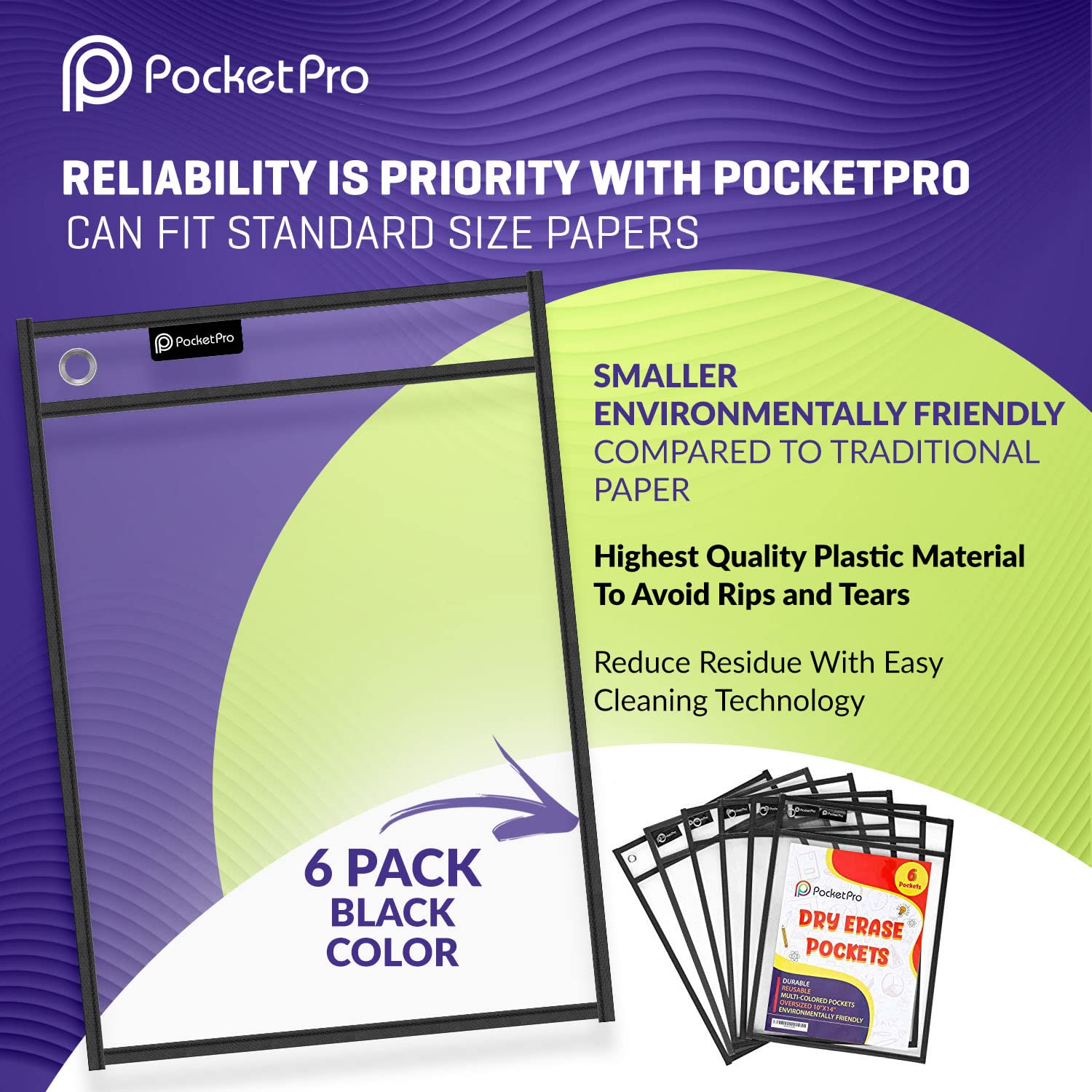 Pocket Pro Dry Erase Pocket Sleeves Plastic Paper Sleeves (Pack of 6) Colorful Clear Plastic