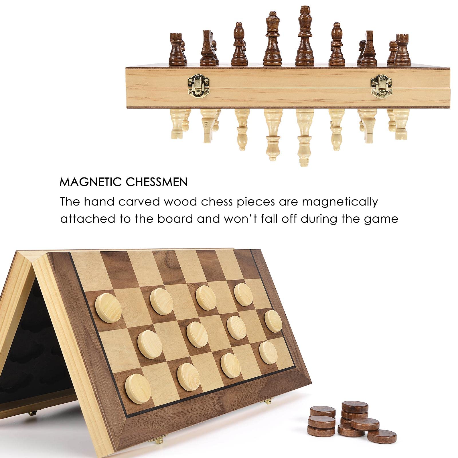 AMEROUS 15'' Magnetic Wooden Chess & Checkers Game Set -2 Extra Queens -24 Cherkers Pieces - Chessmen Storage Slots, Beginner Chess Set for Kids and Adults, Classic 2 in 1 Board Games