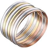 Castillna Tri-Color Silver Gold Rose Gold Bangle Bracelets for Women, Set of 7 Pieces