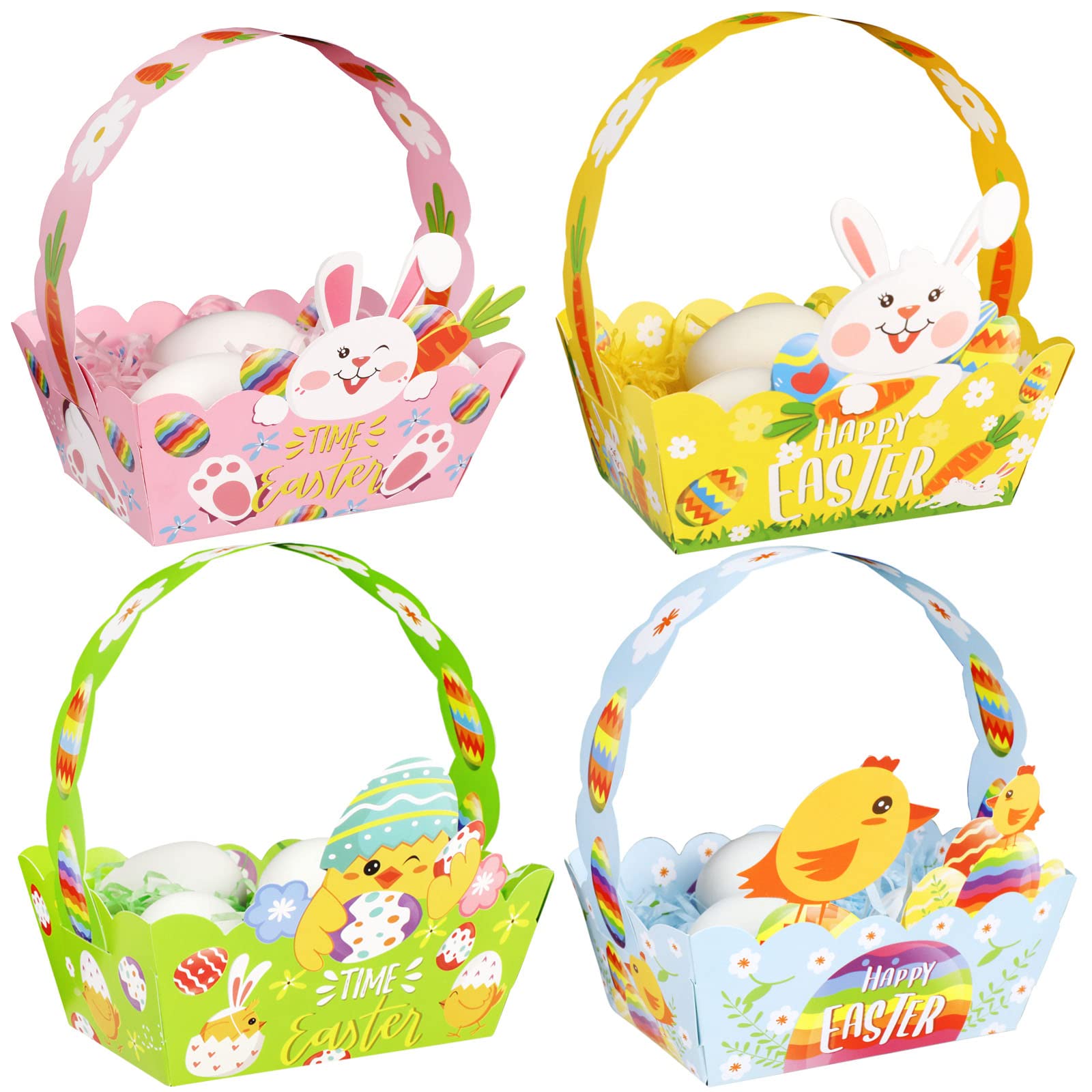 DPKOW 12 Pack DIY Easter Baskets with Handle, Paper Easter Egg Hunt Baskets for Kids Children Easter Crafts Supplies, Easter Gifts Baskets Bags Stuff Toys Baskets Bunny Chick