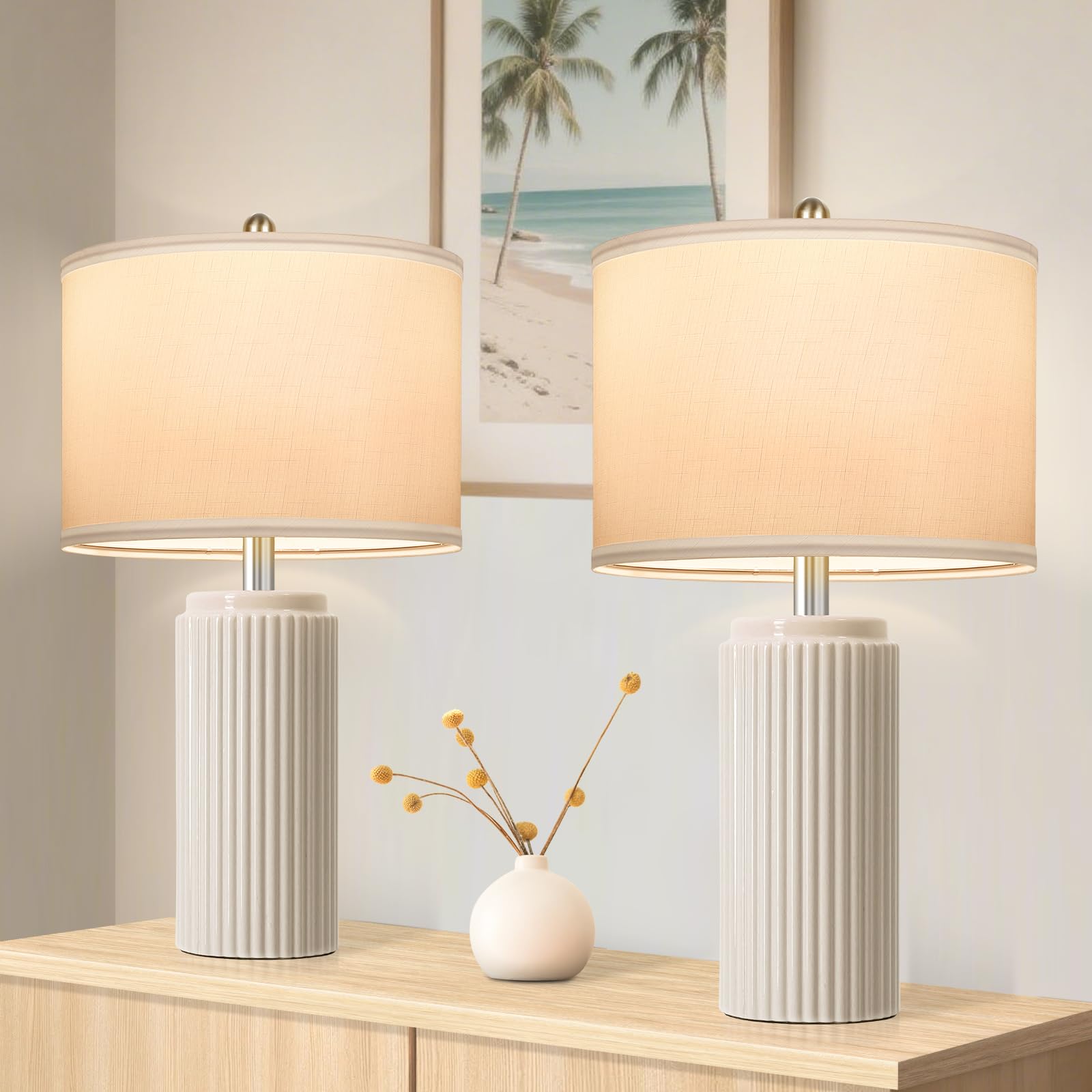 Photo 1 of 23.5’’ Beige Modern Ceramic Table Lamps Set of 2 for Living Room, Farmhouse Bedside Lamps with Upgraded White Linen Shade, Rustic Nightstand Lamps for Bedroom Home Office, Vintage End Table Dorm
