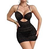 Lilosy Sexy Chain Ruched Bodycon Mesh Sheer Halter Outfits Mini Babydoll Lingerie Dress Set with Thong 2 Piece