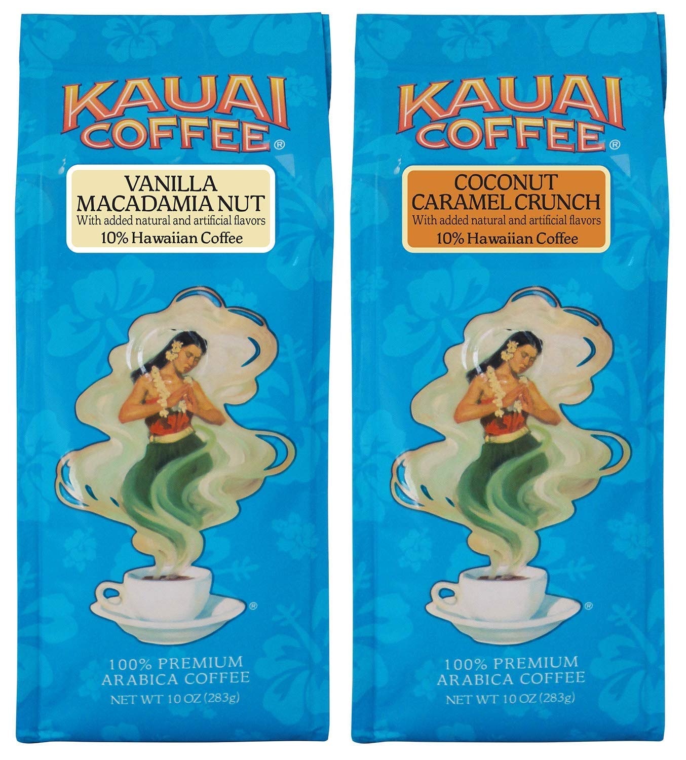 Kauai Coffee, Variety Pack, Vanilla Macadamia Nut and Coconut Caramel Crunch, Ground Coffee, 10 Ounce Bag (Pack of 2)