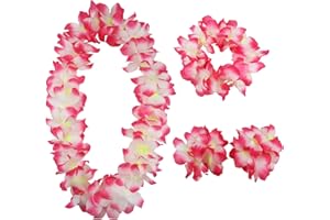 Aacehlh Hawaiian Leis Set,Hawaiian Luau Flower Leis Necklace Headband Bracelets Set,Essential Party Decorations for Birthday, Graduation, and Wedding Celebrations (Pink)