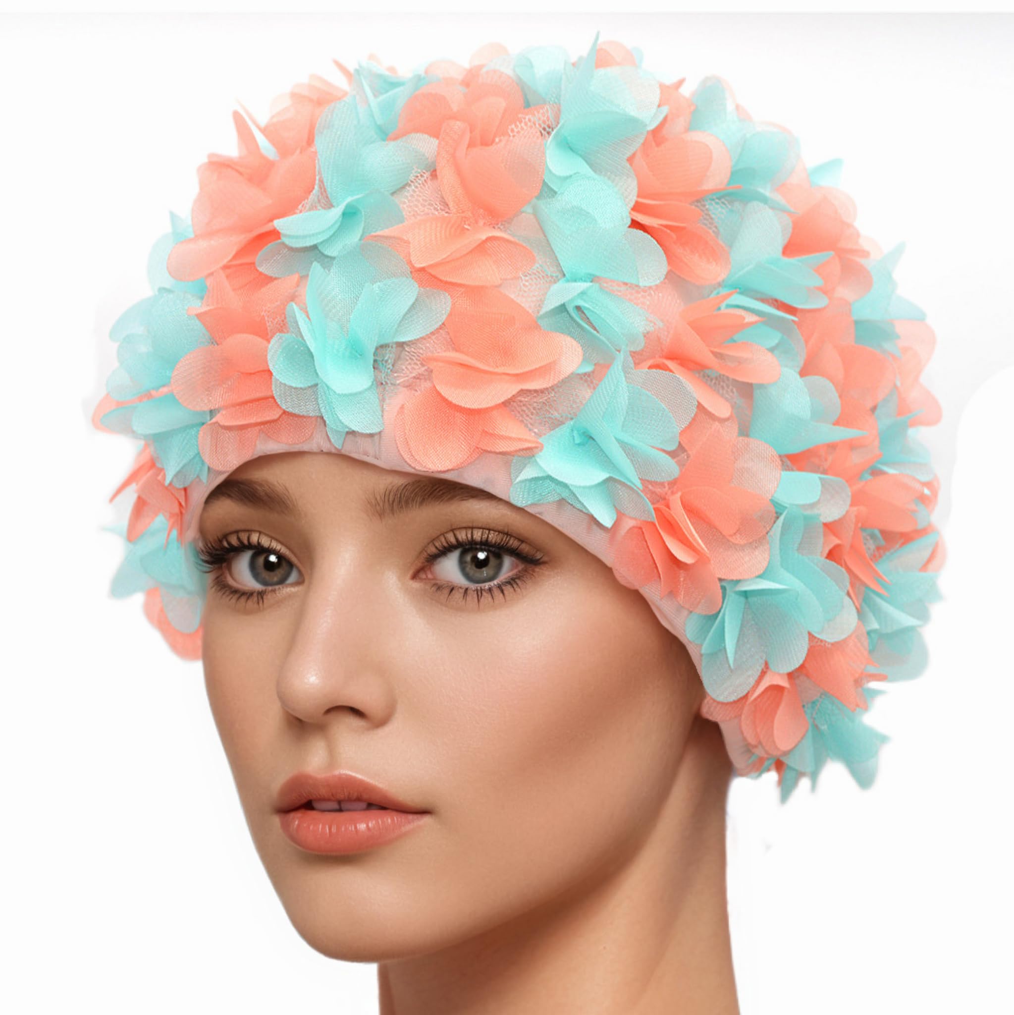 Medifier Lace Vintage Swim cap Floral Petal Retro Style Bathing Caps for Women Rose (Light blue and orange-red)