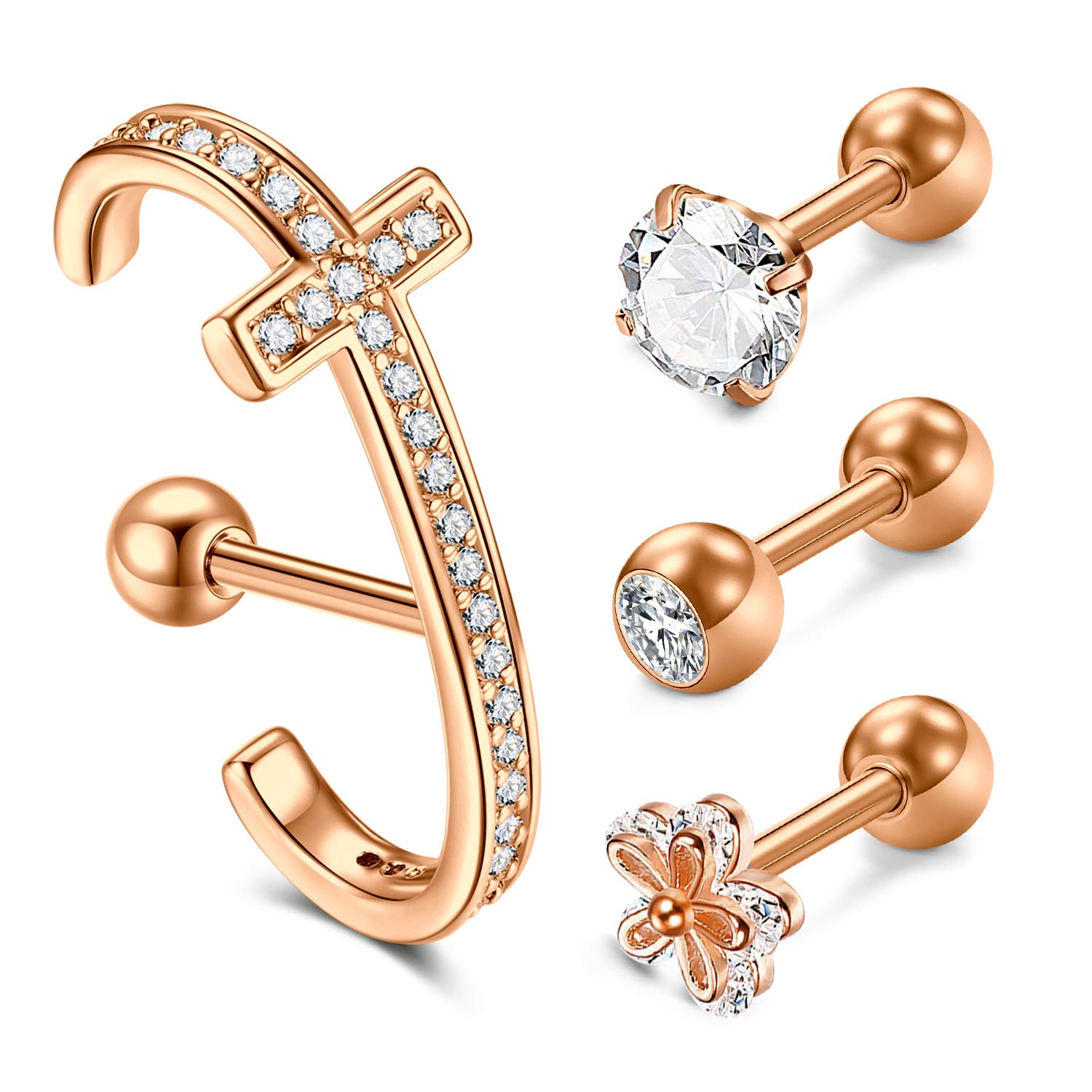 Mayhoop Helix Earrings Tragus Cartilage Earrings Studs for Women Men Helix Studs CZ Ear Piercing 16G 4 Pcs Rose Gold Color