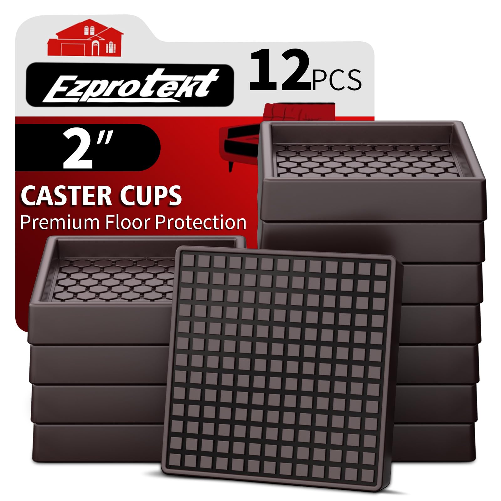Furniture Coasters - 2"x2" Non Slip Furniture Pads for Hardwoods Floors, 12 PCS Square Rubber Non Skid Furniture Caster Cups, Anti Slide Furniture Feet Floor Protectors for Bed Couch Stoppers (Brown)