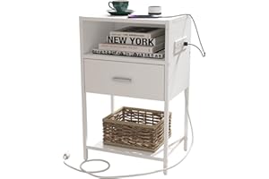 LDTTCUK Nightstand with Charging Station, Modern End Table with Drawer, White Bedside Table with Open Storage for Bedroom